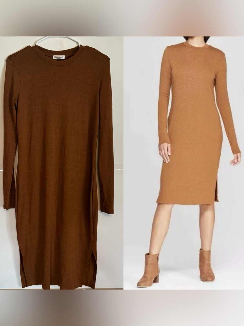 Prologue Long Sleeve Crewneck Midi Dress - Chestnut Brown